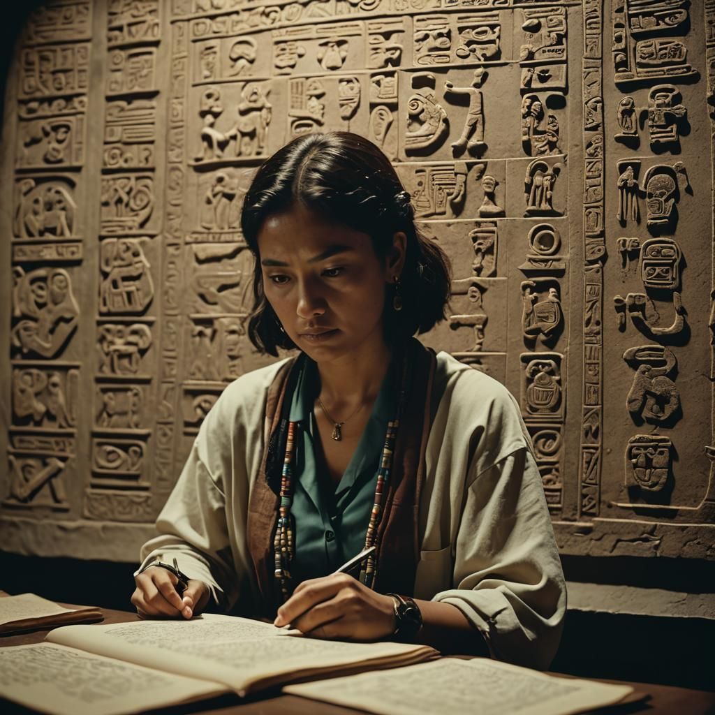 a female researcher reading the writings of the maya