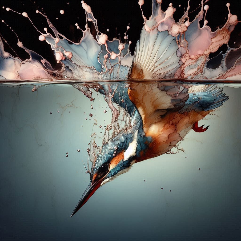Diving kingfisher, alcohol ink