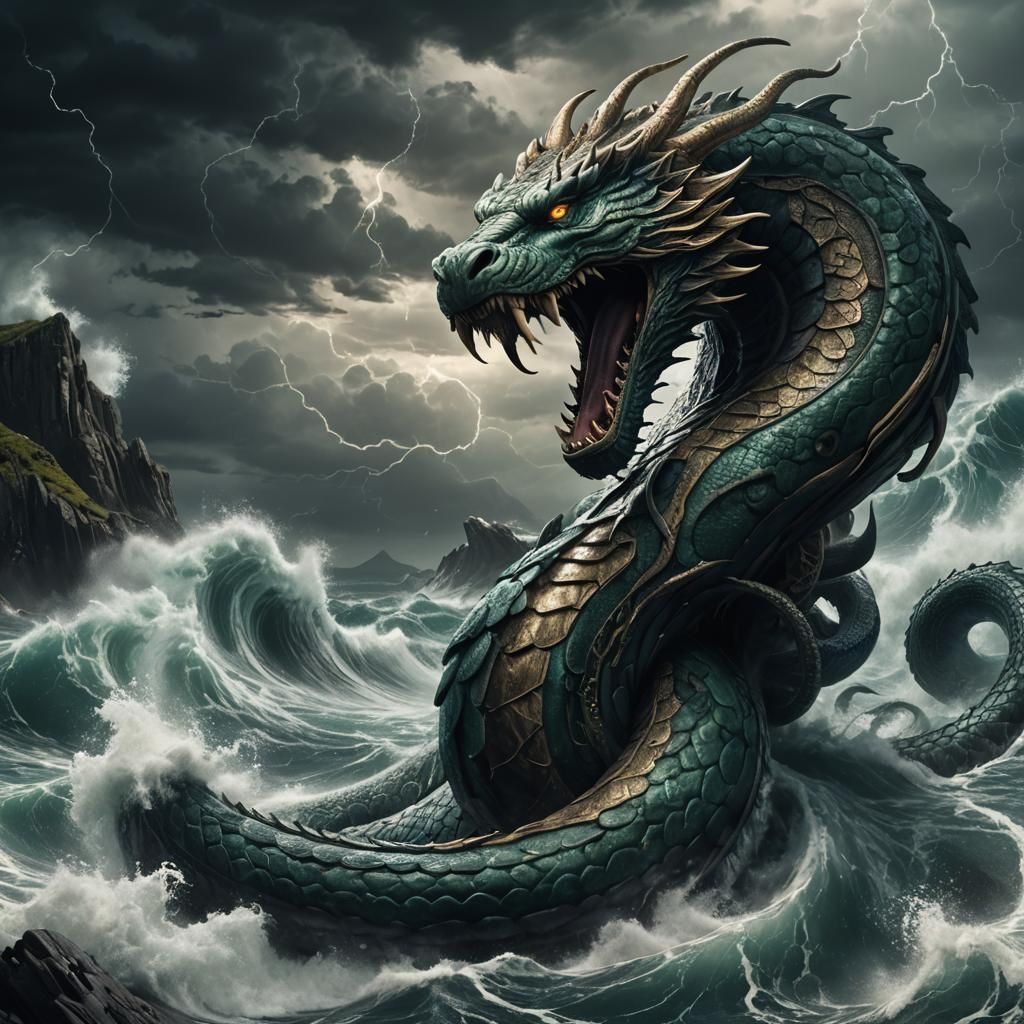 Jörmungandr the world serpent emerging from the sea 🌩️ - AI Generated ...