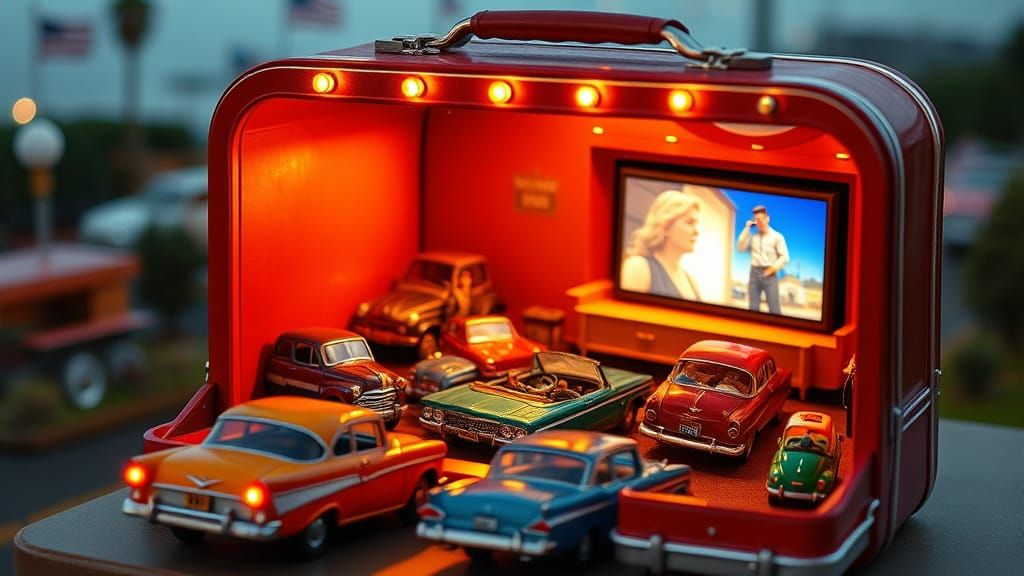 : Imagine a miniature drive-in movie theater built inside a vintage lunchbox, complete with tiny cars, ...  by @Steveiam