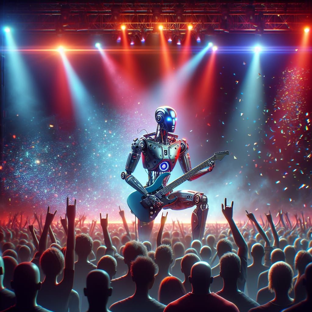 A futuristic humanoid AI robot shredding a electric rock guitar on a concert stage, dramatic stage lights in reds and blues, a large crowd o...