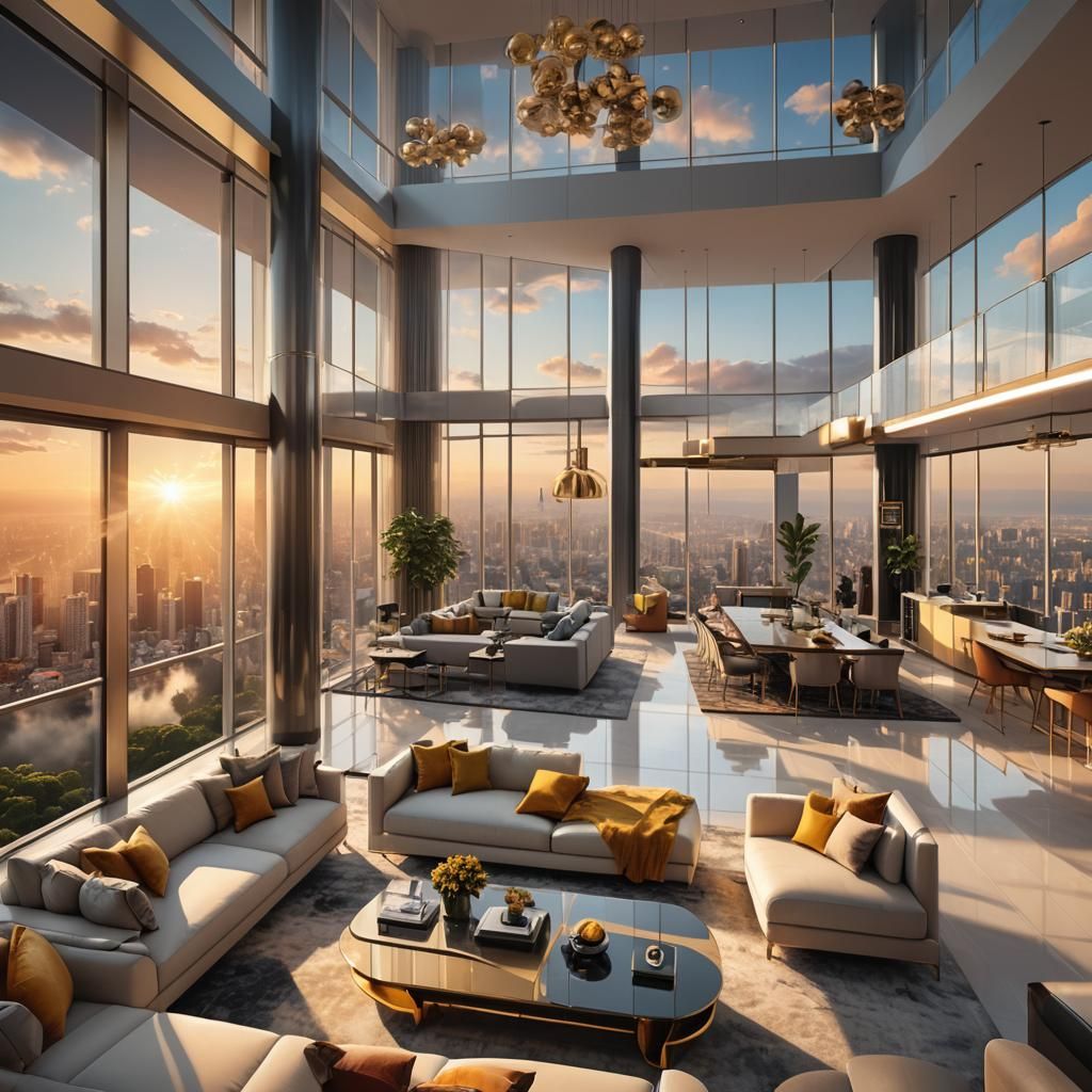 Luxurious Modern Living Room with Sunset Cityscape