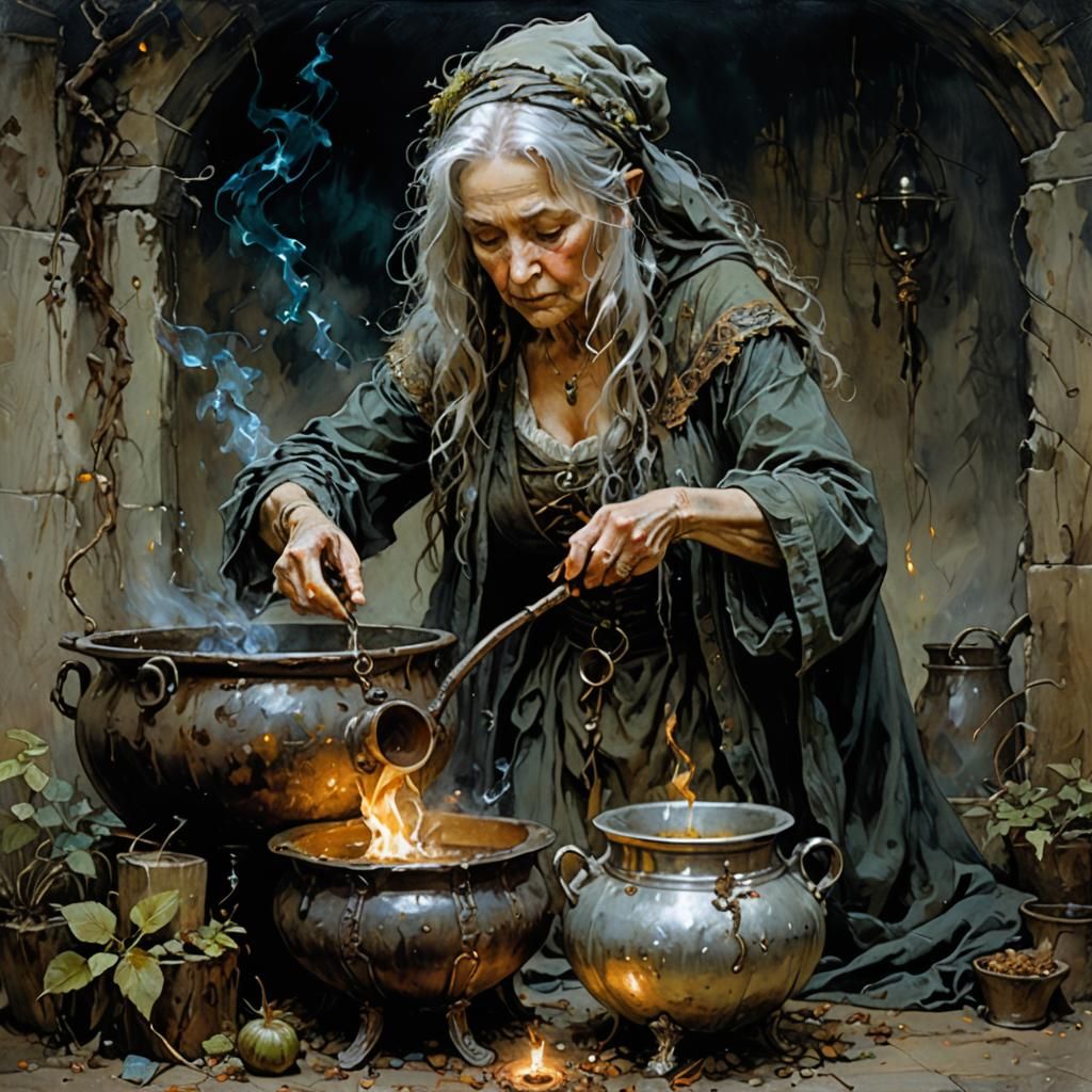 a thin old woman, an ancient witch with a long hooked nose, casting a ...