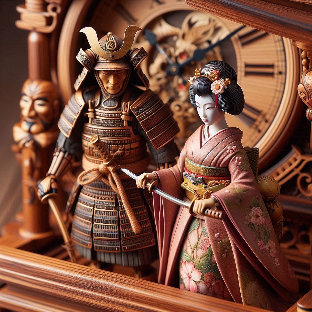 Geisha and samurai, timekeeper, wood