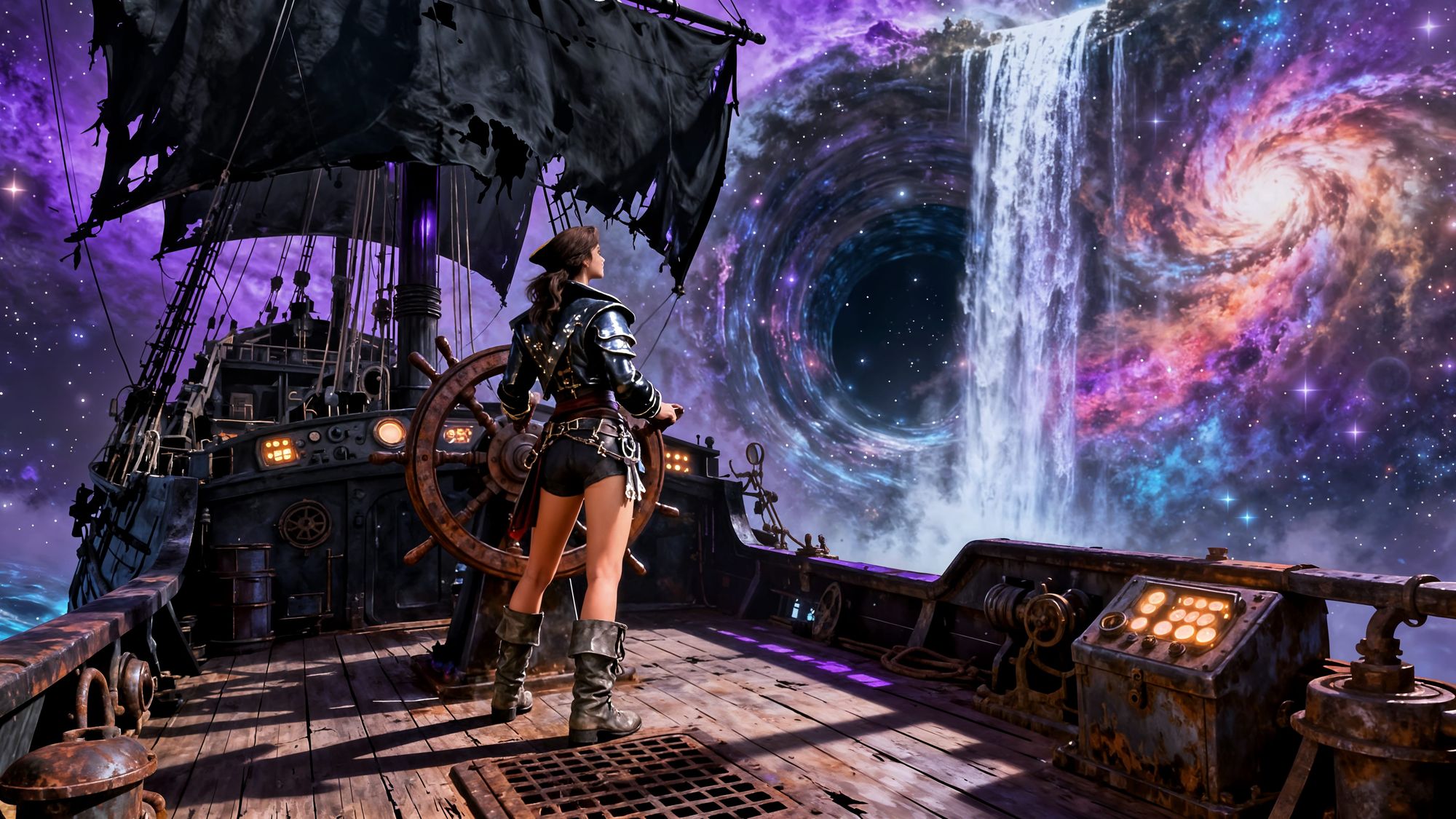 A lone scantily clad space pirate captain sails her ship fashioned after the Black Pear through deep space portal, it has a black tattered s...