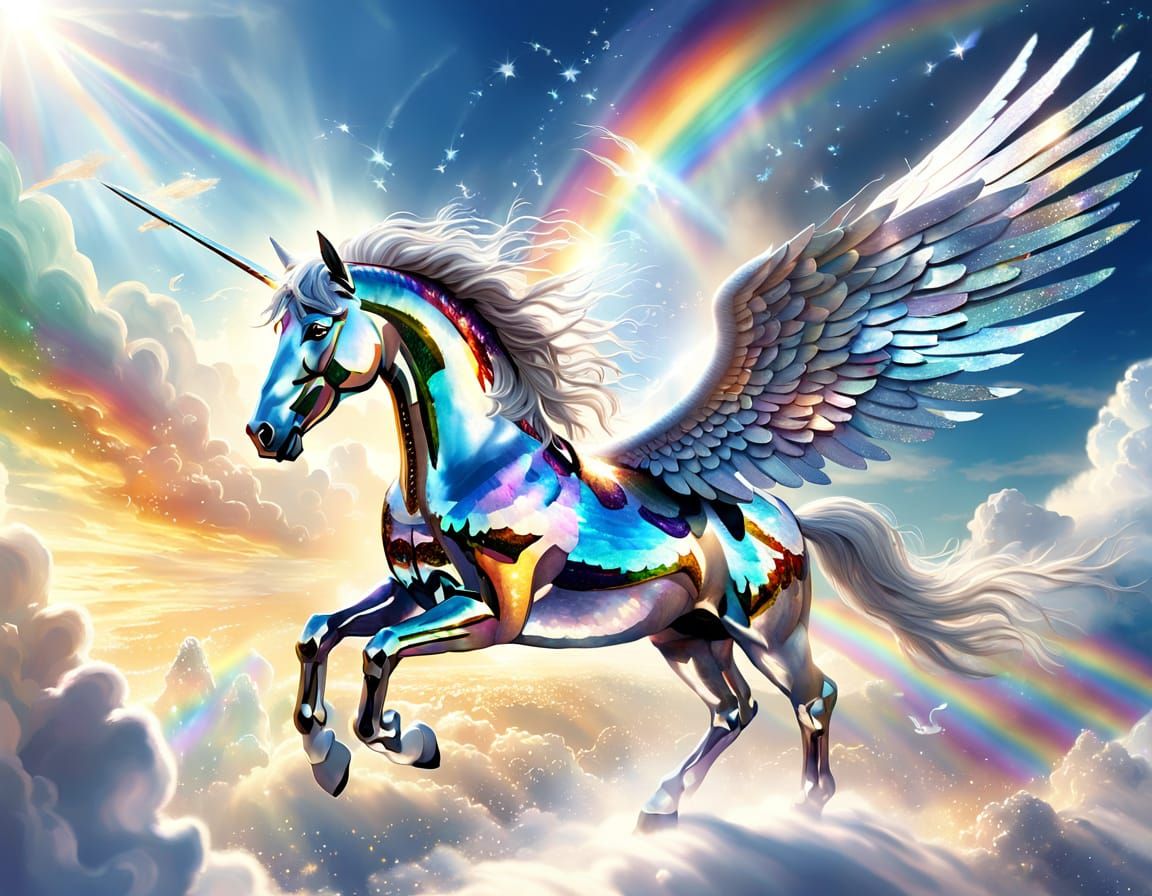 "A majestic silver Pegasus soaring across a crystalline sky made of fractured glass and shimmering prisms, reflecting thousands of rainbows....