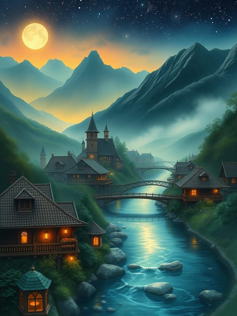 Mystical Riverside Village Under Sunset and Starlight
