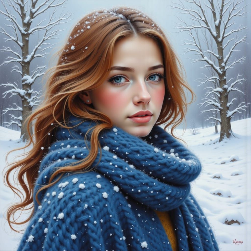 Beautiful Woman in Snowy Landscape Portrait