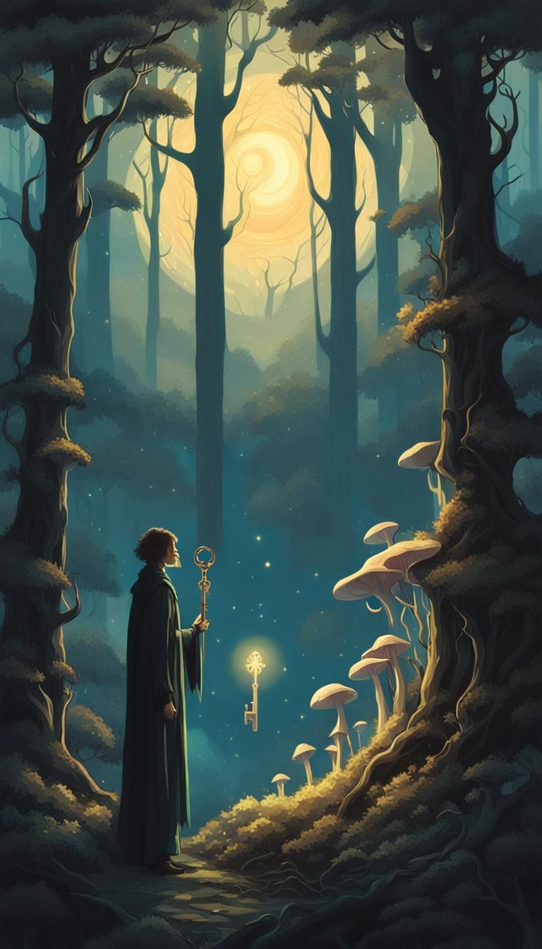 Under the moonlit sky, a solitary figure stands at the edge of a vast, uncharted forest. In their hand, they hold a key forged from starligh...