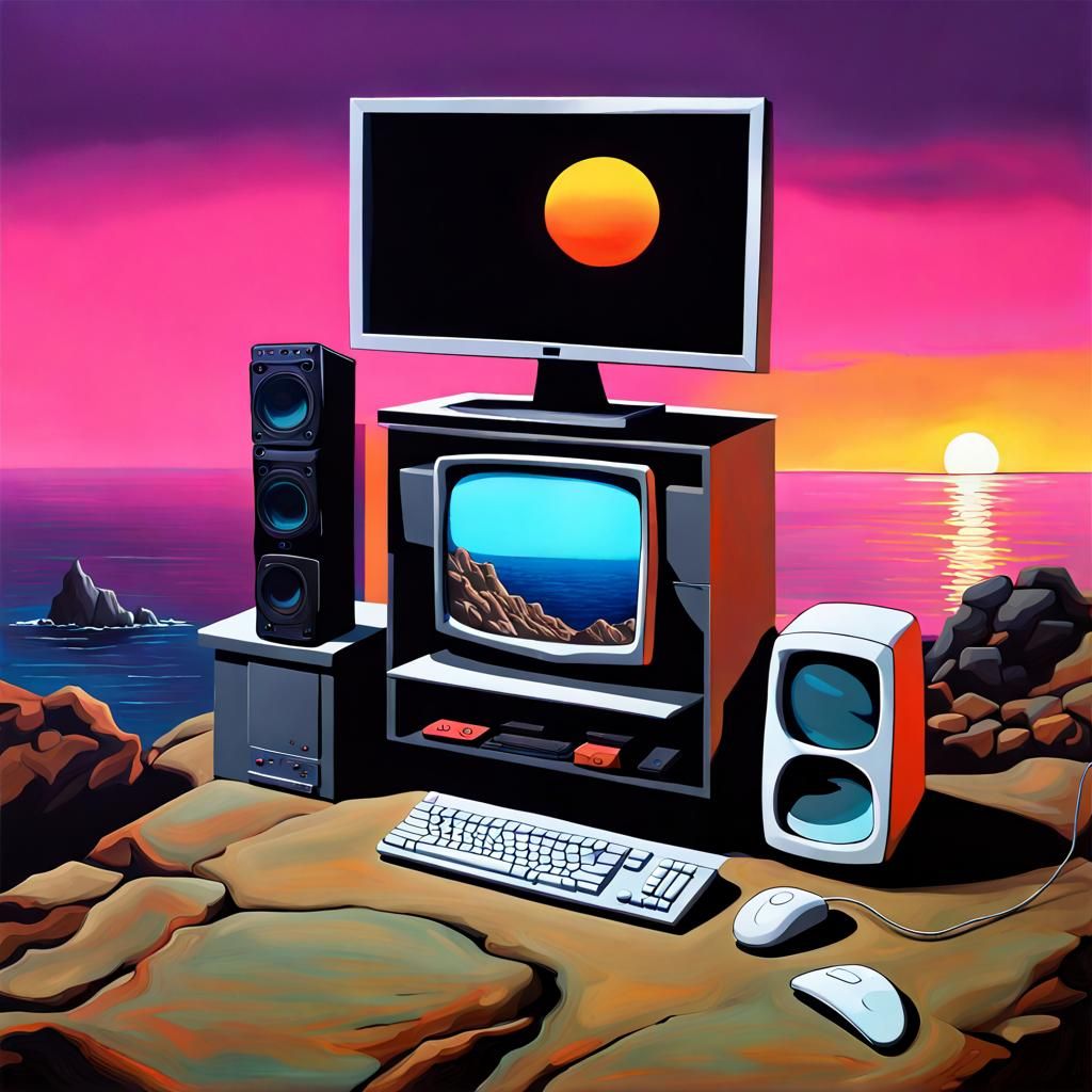 "Gaming PC Setup, on a cliff above the ocean, at the moonris...