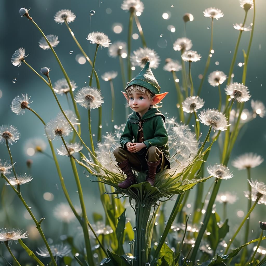 Tiny elf sitting on a dandelion flower bud  by @Vochomurka