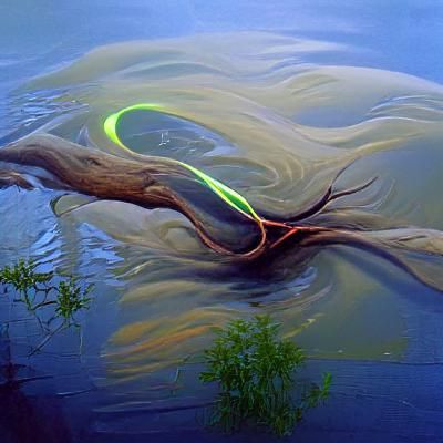 Neon willow tree hanging over rippling water
