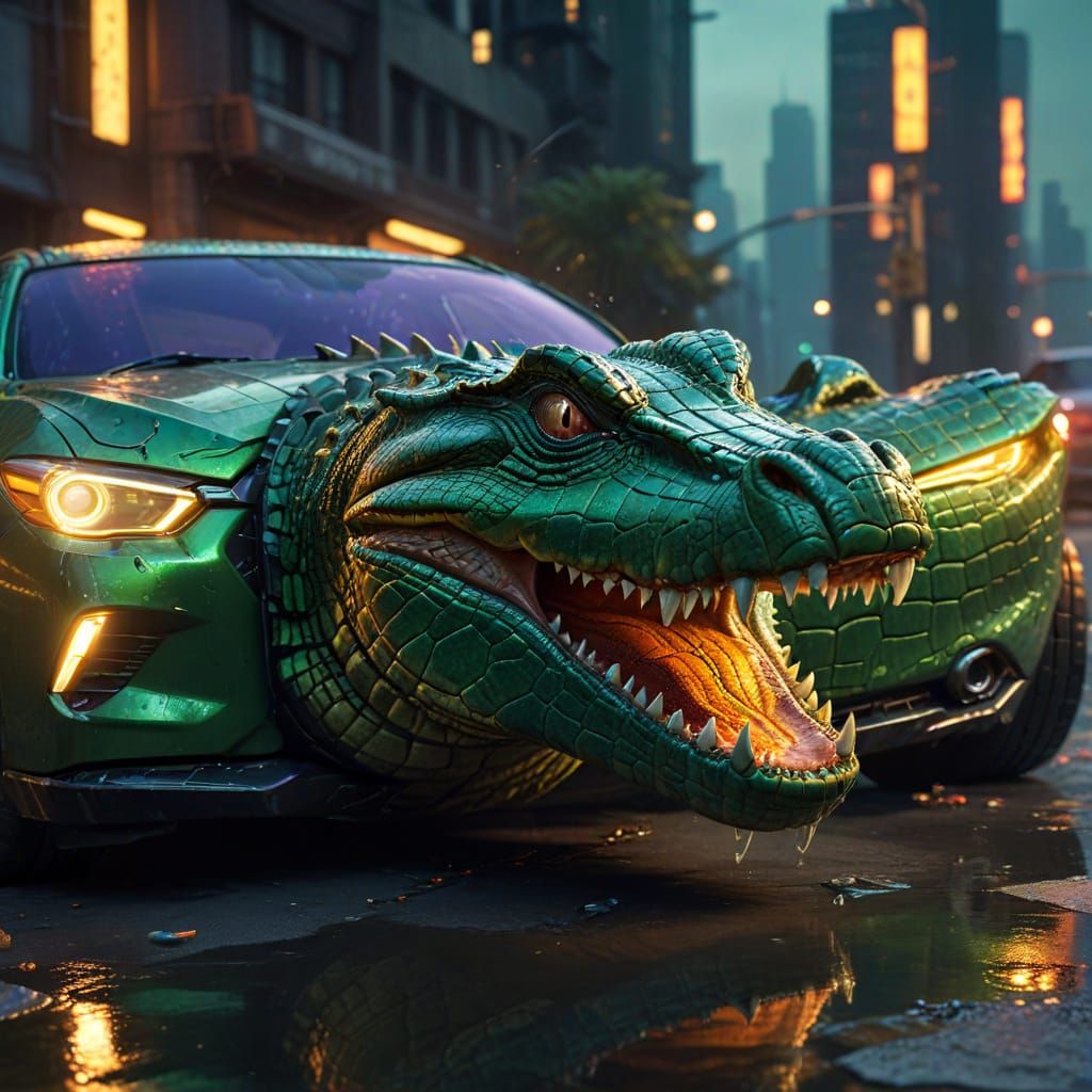 Crocodile Envelops Car in Sci-Fi Cityscape