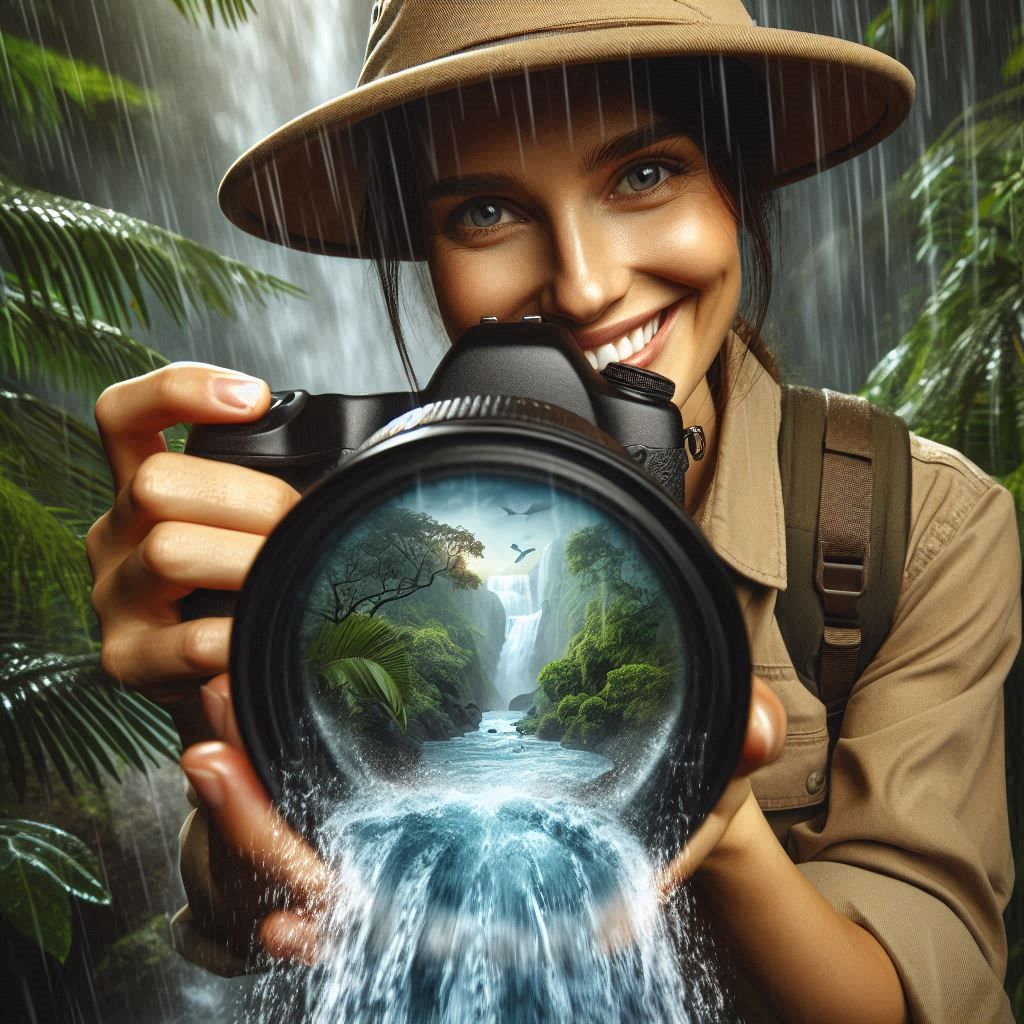 Waterfall pouring out nature photographer’s camera lens