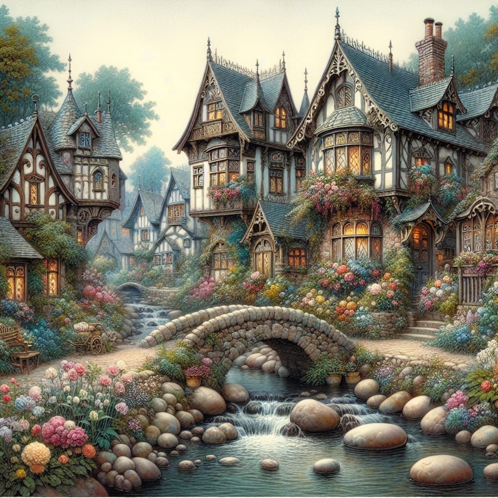 painting of a fairy house with a bridge and flowers, beautiful fantasy painting, magic fantasy highly detailed, fairytal...