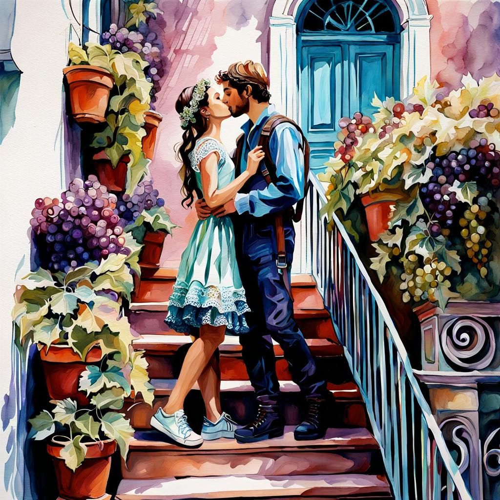 Juliet on flowers and hydra balcony, Romeo hiking the stairs. A soft and shy kiss. Sketch Art with a  lot of lines and shadows, gritty oils,...