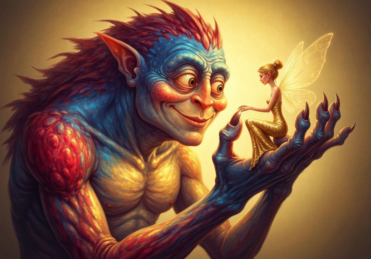 An ugly monster gently golding a tiny fairy in his paw, smiling gently colors rich patchwork imperial ...  by @AutumnBear