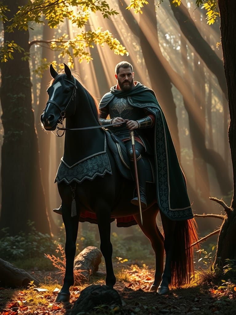 Hagen a cavallo nel bosco volumetric lighting color corrected colorful dynamic lighting 