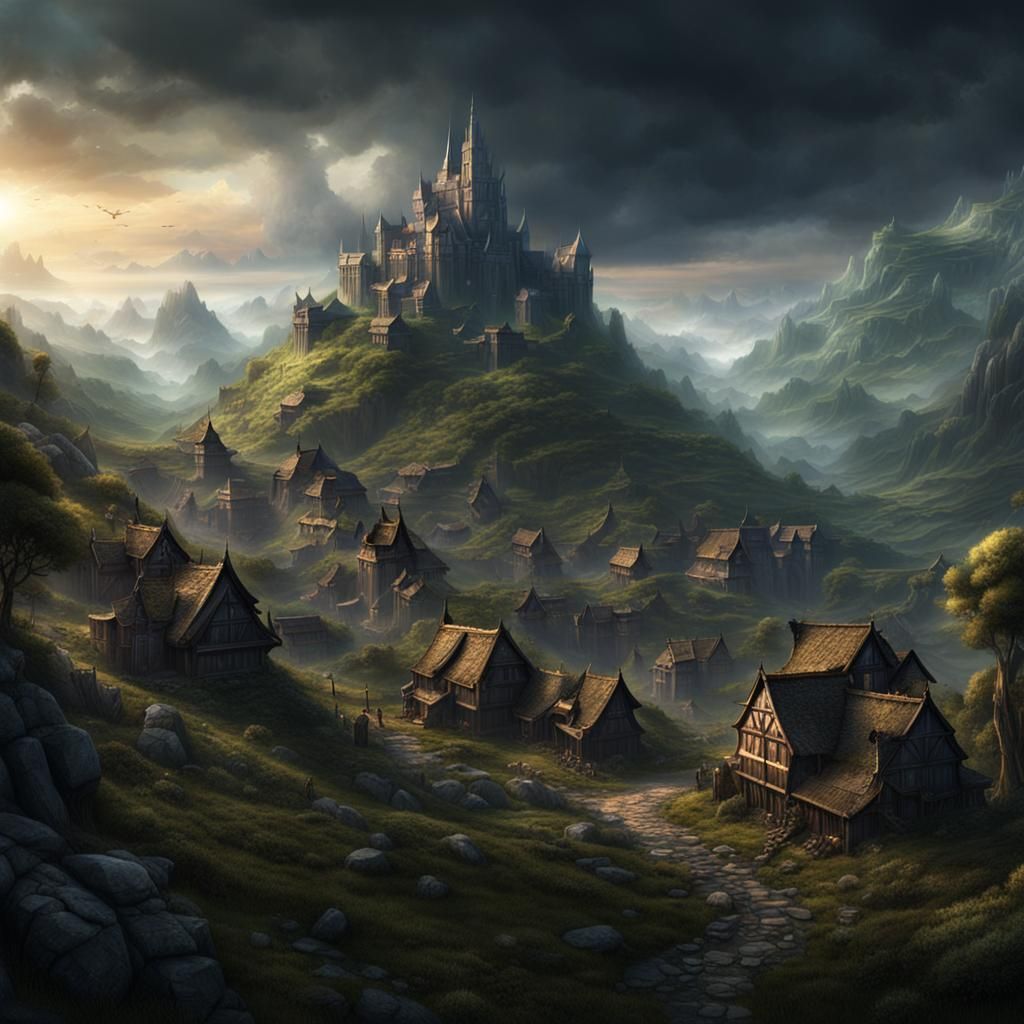 a dwarven village also inhabited by humans, dark fantasy, medieval, on the hills and a small forest