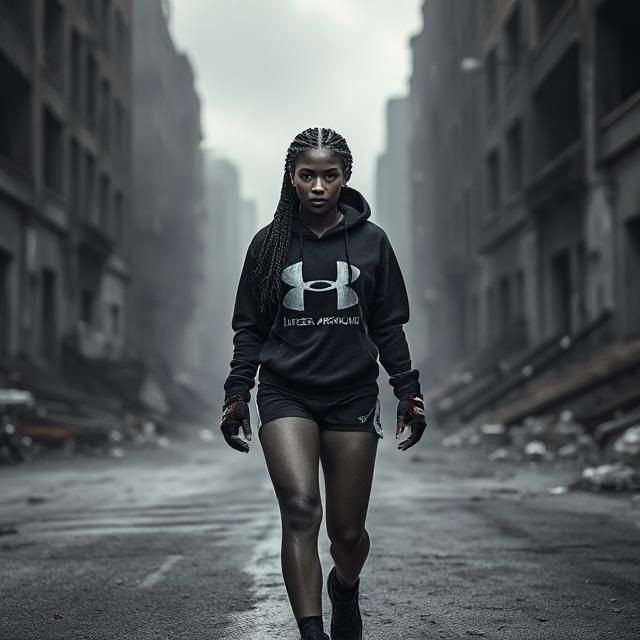 Black female MMA fighter with braided hair dressed in a black Under Armour hoodie and black Under Armour shorts walking ...