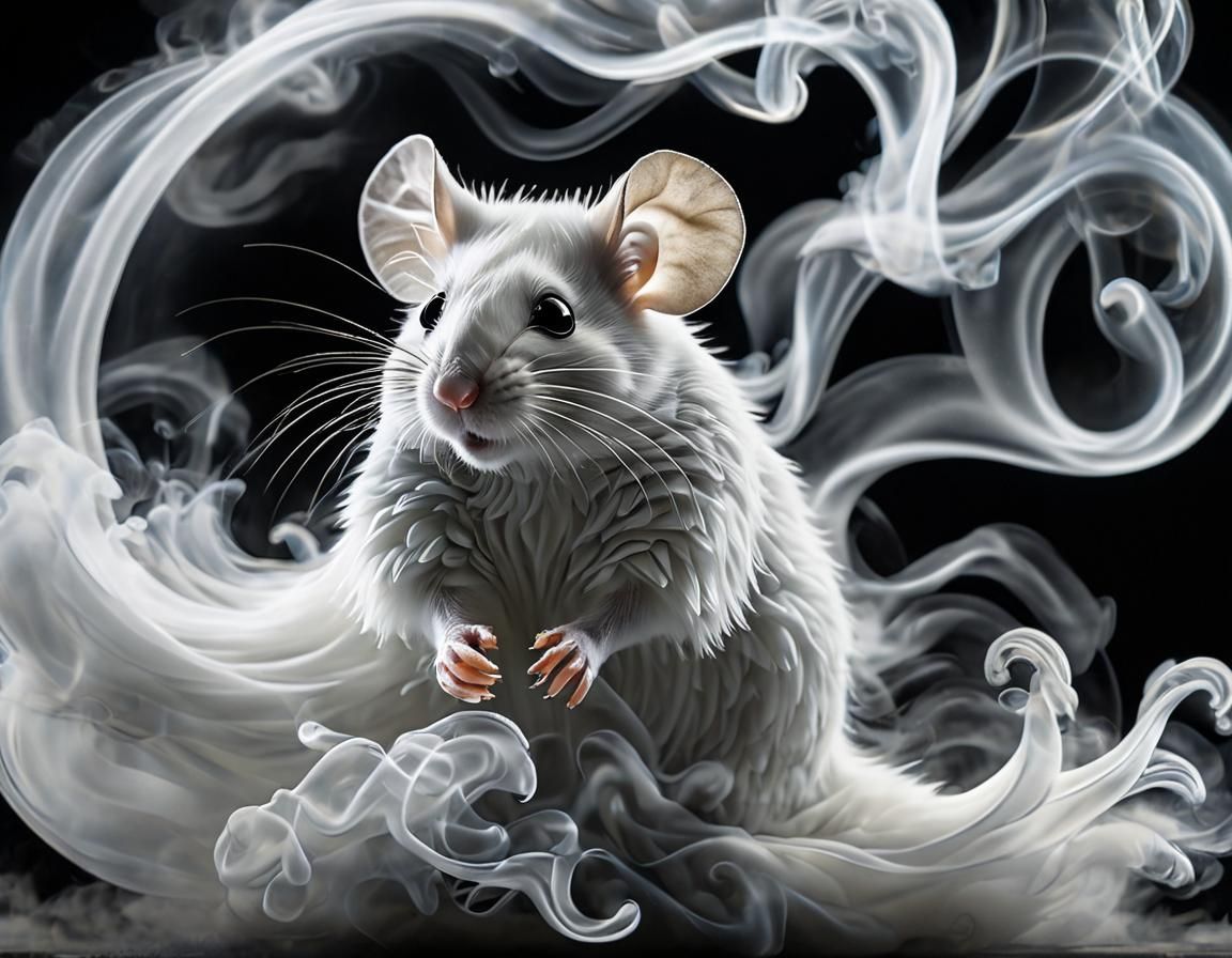 A ghostly figure of an epic mouse posing gracefully, formed entirely out of swirling, translucent white smoke. The mouse holds a proud look,...