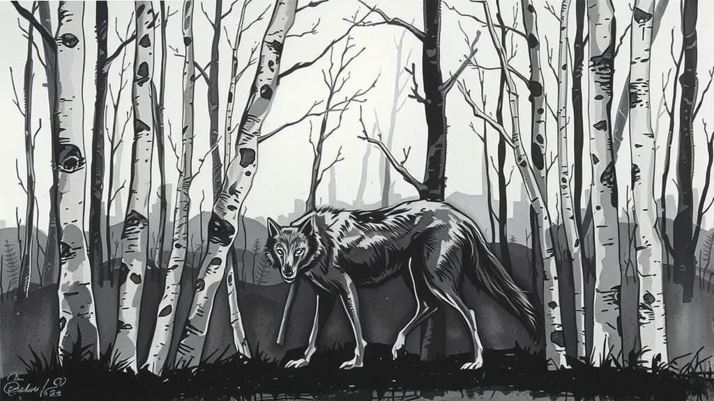 A mixed media gray wolf stalking in a monotone, birch forest.