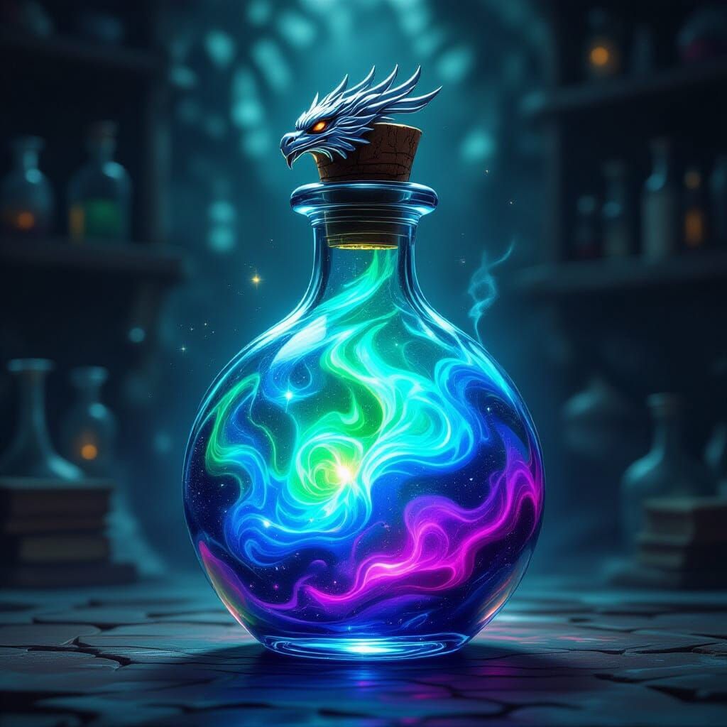 Mystical Potion in Dragon Vial, Dark Fantasy Art