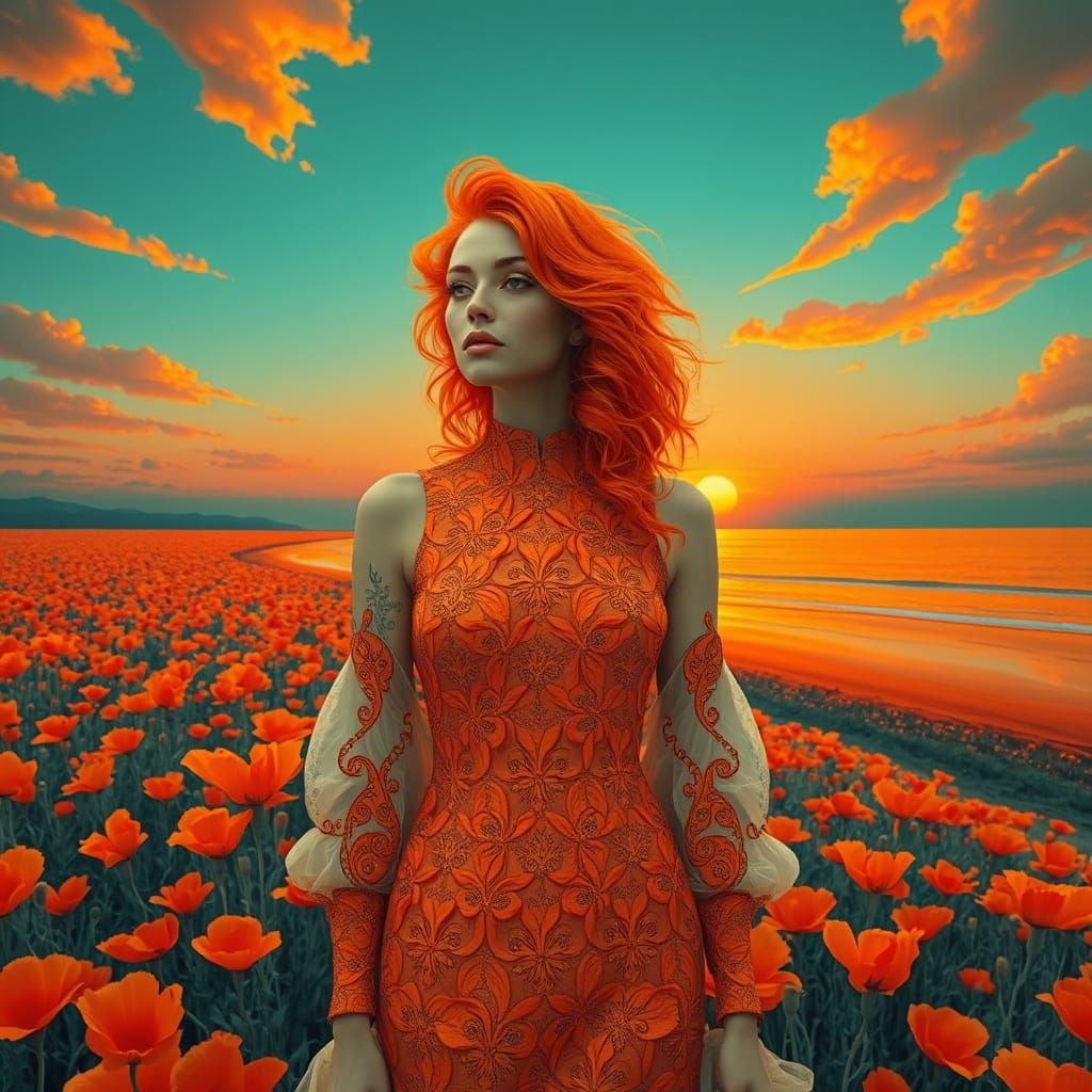 Orange Haired Woman in Orange Poppy Field