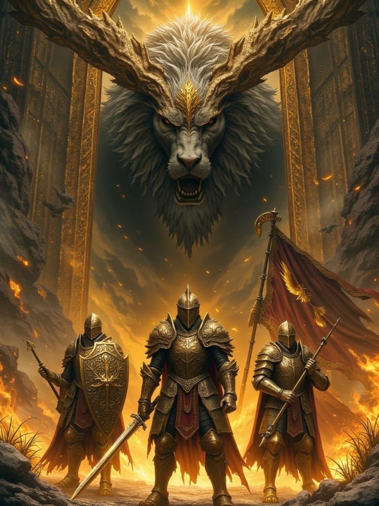 Three armored knights stand at the entrance of a colossal gate carved with ancient heraldry. One carries a tower shield engraved with lion m...