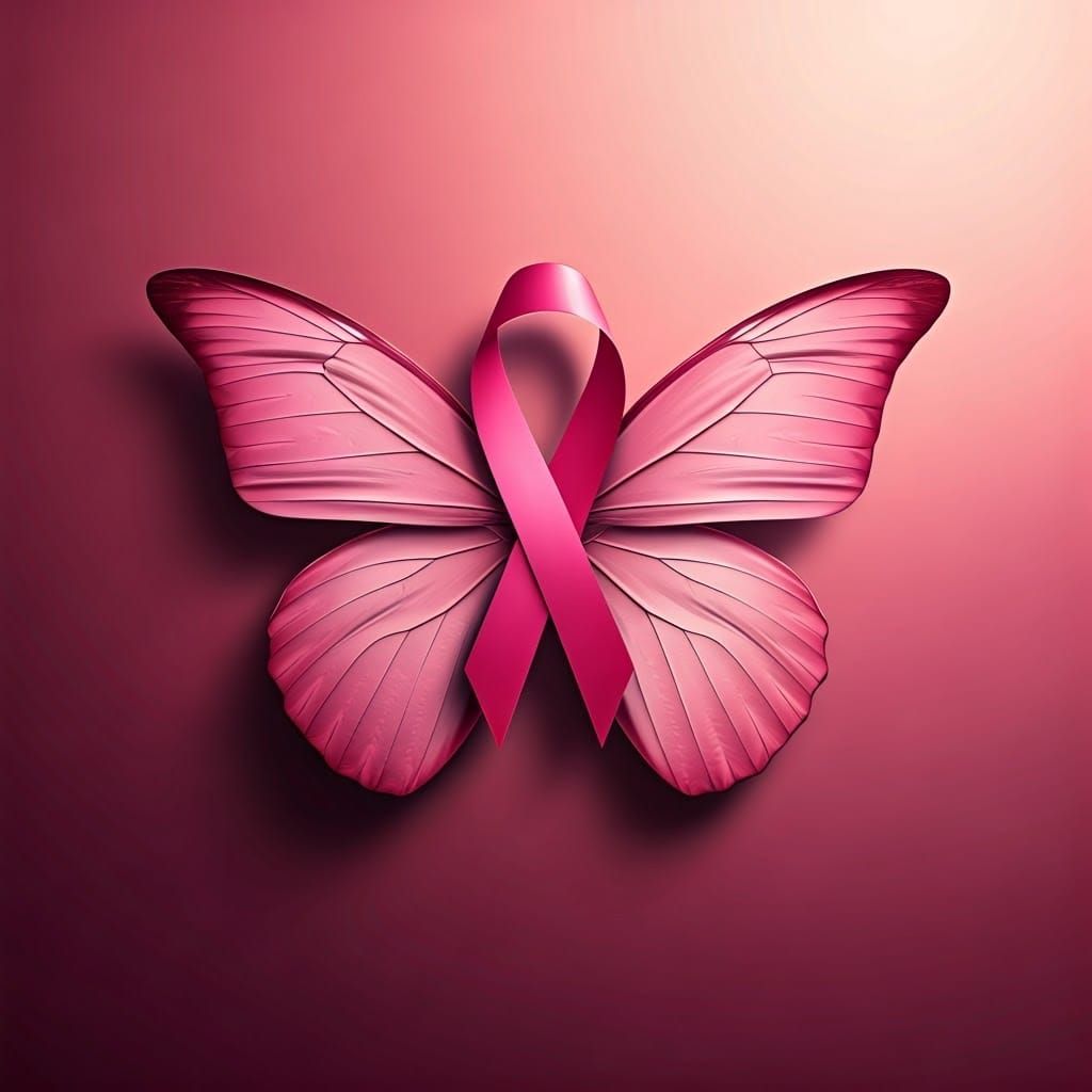 A stylized pink butterfly, its body made of a pink breast ca...