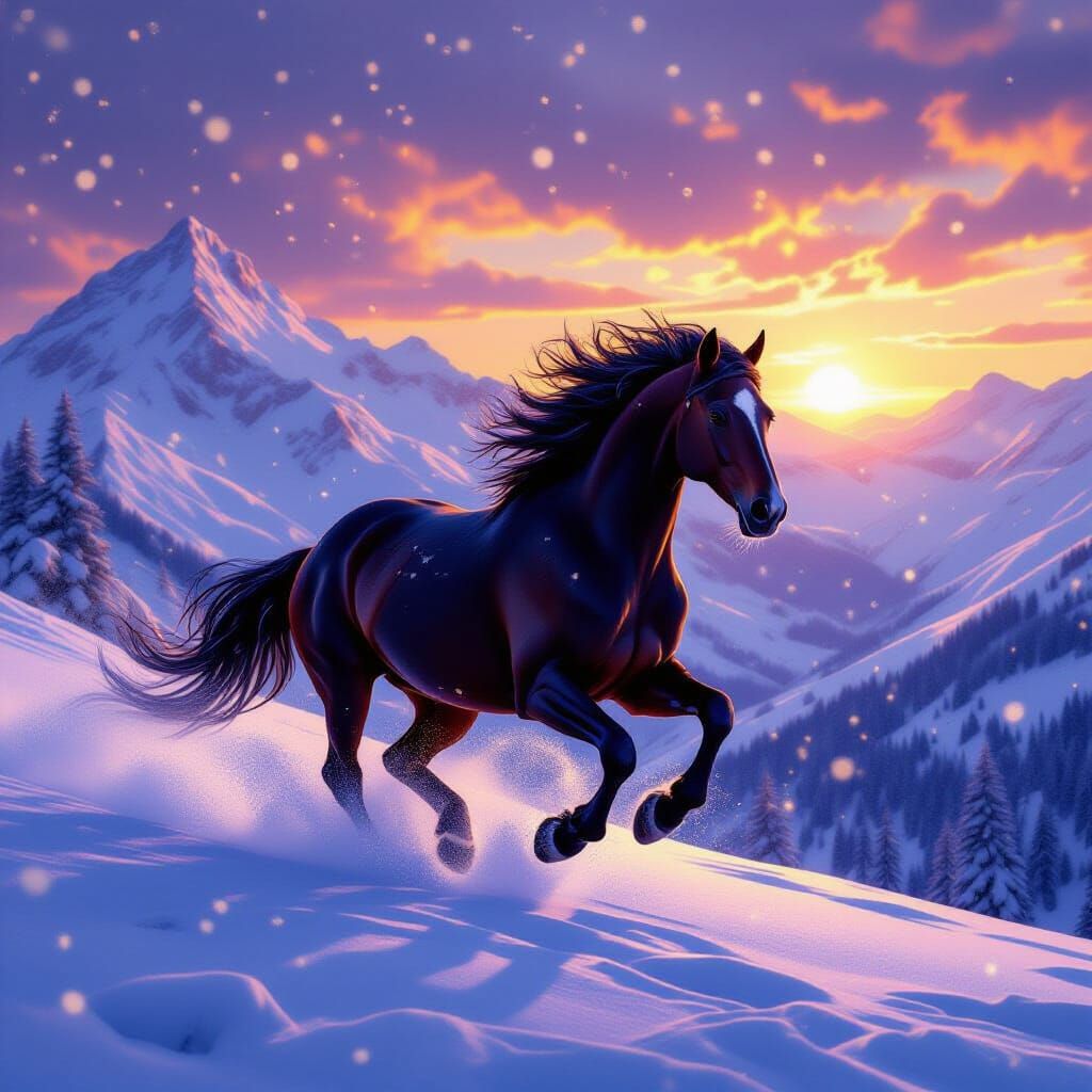 Royal Horse Galloping at Snowy Mountain Sunset