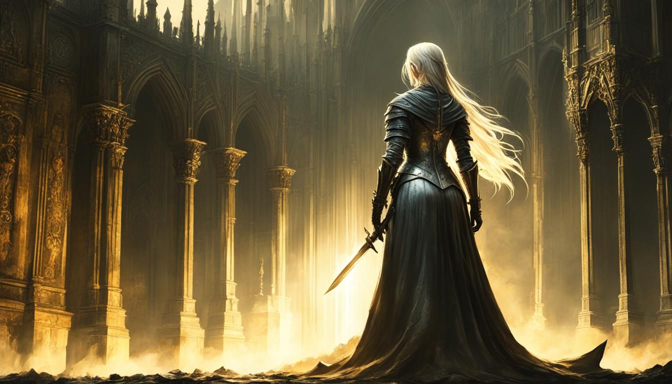 Gothic Warrior Praising the Sun in Dark Souls Style