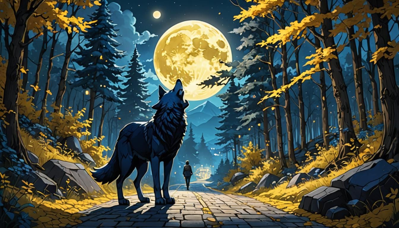 Stained glass dark blue forest man walking away from home fu...