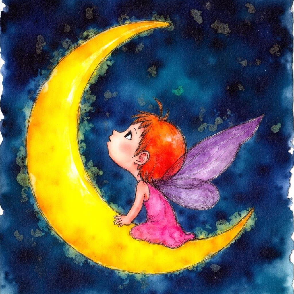 Vibrant alcohol ink painting and charcoal lines, pixie sitting on a huge crescent moon looking excited, by Rex Ray <lora:Earth and scratch:1...