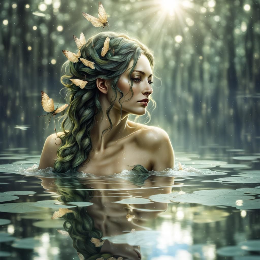 Reflection of a beautiful nymph in the water, atmospheric,de...