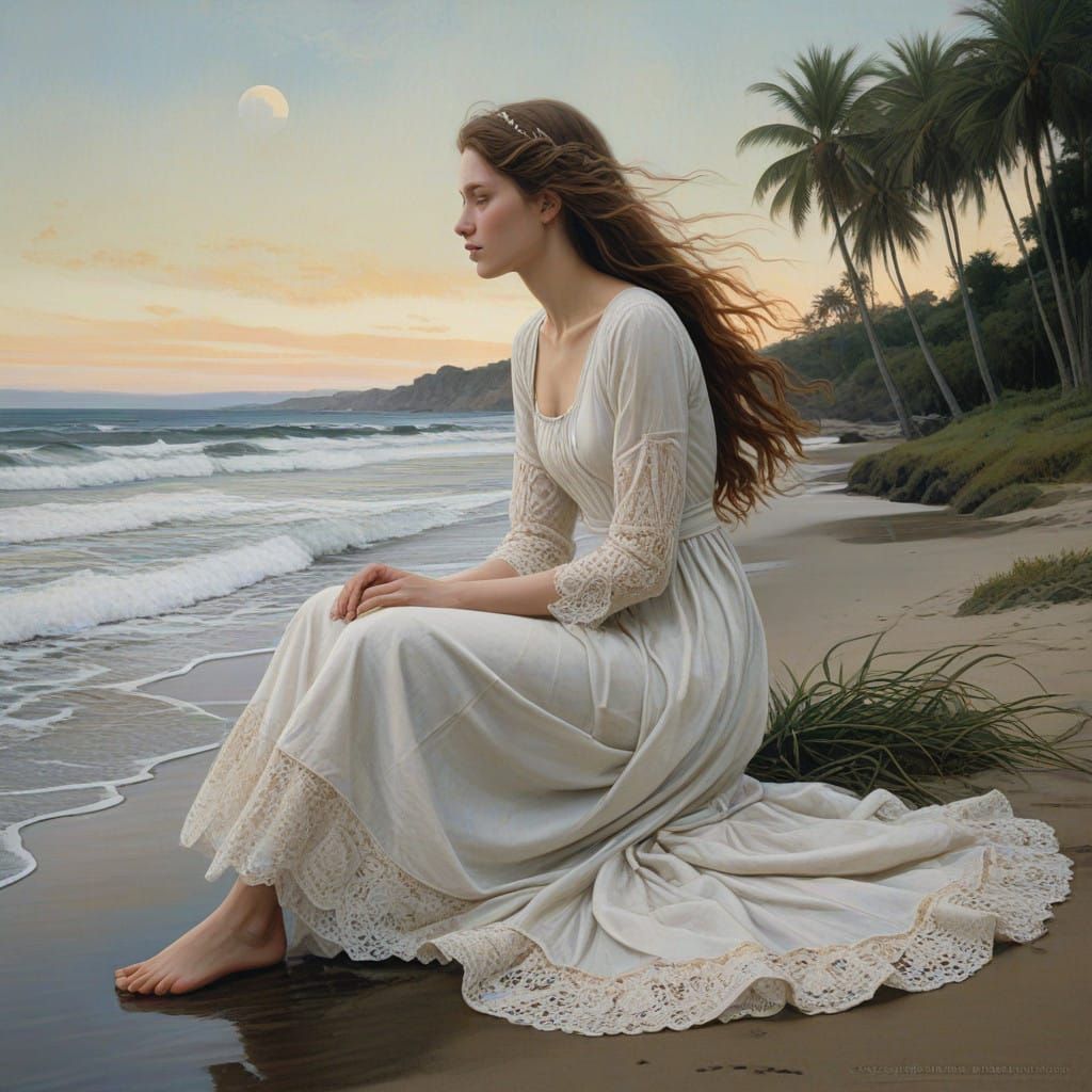 Ethereal Woman on Moonlit Beach with Palm Trees and Gentle W...