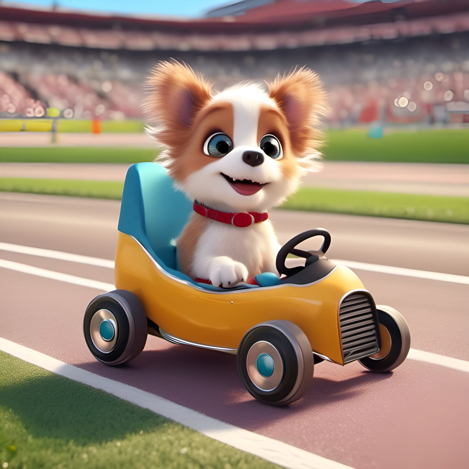 portrait of an adorable dog driving a tiny car, race track, smooth 3D animation, <lora:KiwiSmoothie:1.0> 