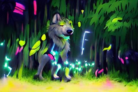 Wolf walking through a neon forest, fireflies