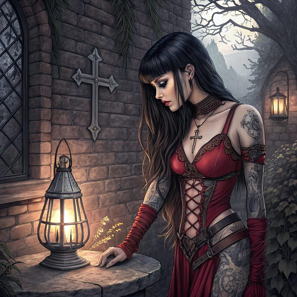 Mysterious Woman in Red Gothic Setting with Lantern