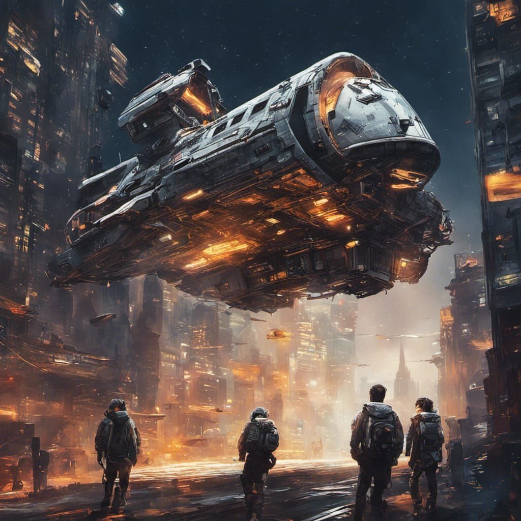 Chris foss style spaceship landing on a building in a city a...