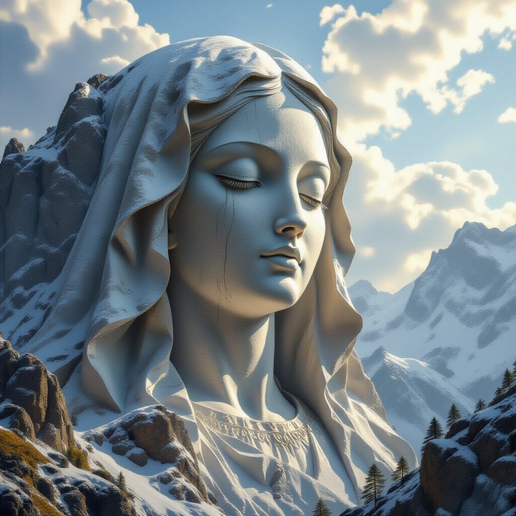 a rock mountain with face of madonna sculped   by @Akram Nabeel