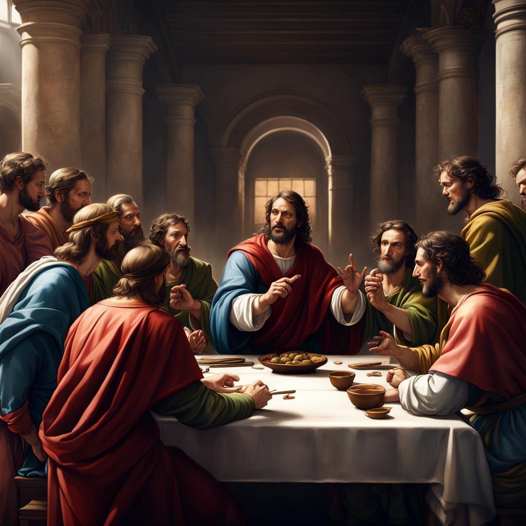 The apostles sitting at the table with Jesus, arguing, painted by ...