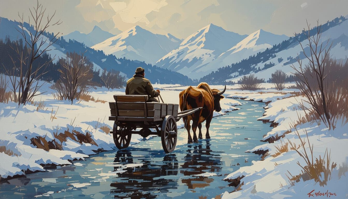Taking the ox cart over the ice road at a cold sunny day.  by @Joris