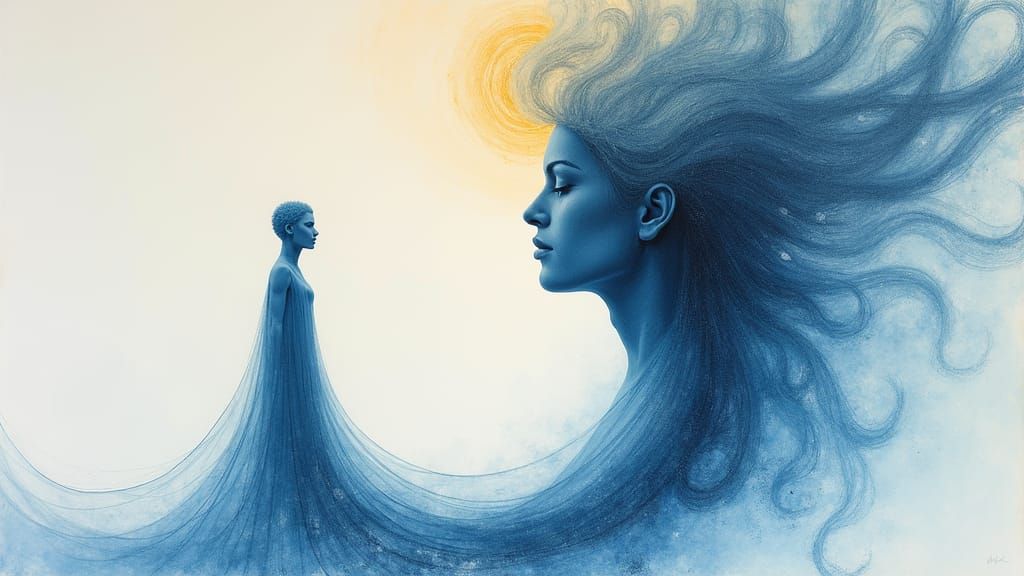 L'hommage à Julie Mehretu de profil à côté du penseur universel, Lithographie pastel surréaliste et onirique dans les dégradés du bleu vers le blanc.