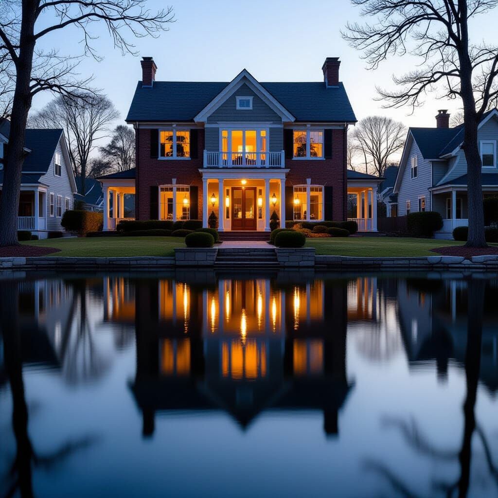 Still Water Reflects Cozy House in Dual Exposure