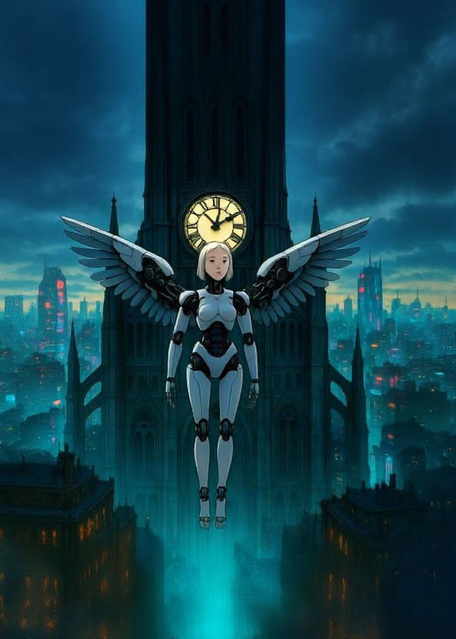 Close up of a solitary figure, a female robot with mechanical wings, floats above a colossal, ancient clockwork cathedral overlooking a cybe...