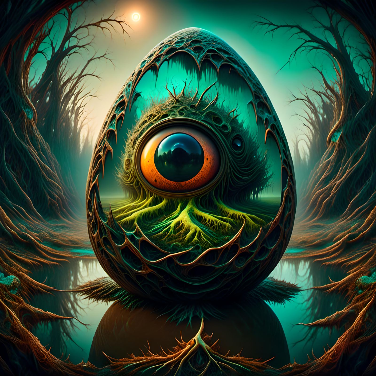 Chromatic Surrealism, a scary Big-Eyed Swamp Elemental hatching from an egg in a surreal landscape, Luminous ...  by @DRBrdSng