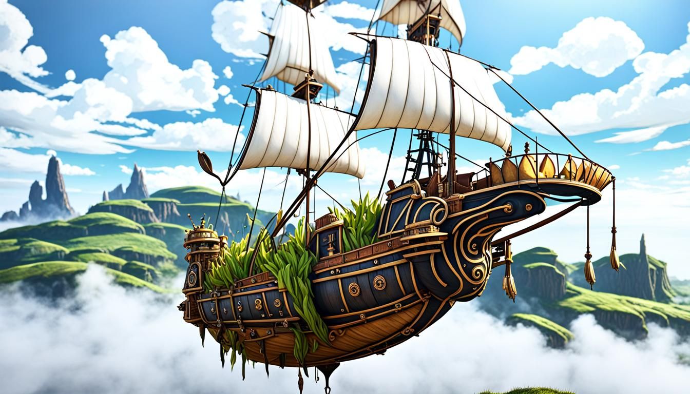 Fantasy airship hovering over a prairie, sailing ship, detai...
