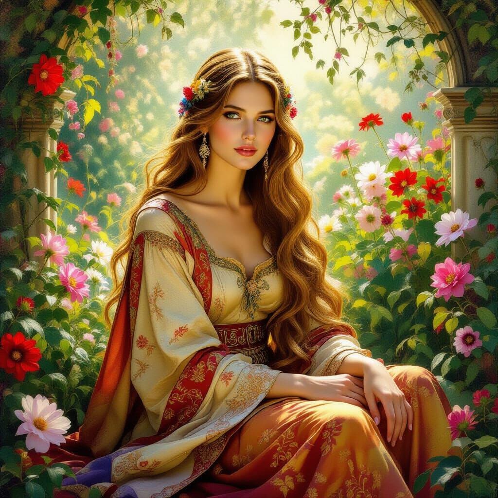 Pre-Raphaelite oil on canvas. Medium shot. A beautiful woman with long flowing hair sits in a garden, ...  by @AJZed