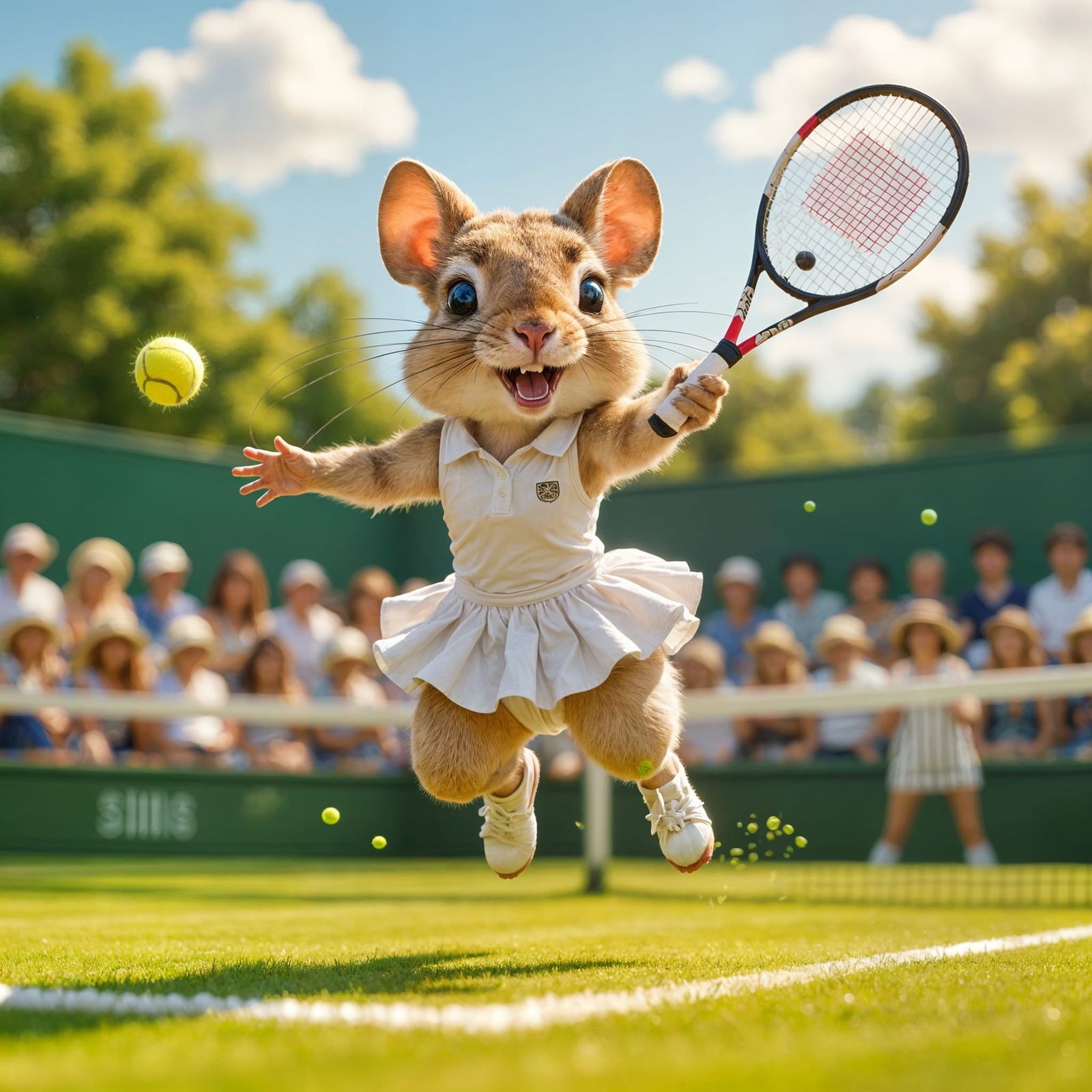 A whimsical jerboa wearing a tiny white tennis outfit, energetically playing on a pristine grass court ...  by @Doberman 74